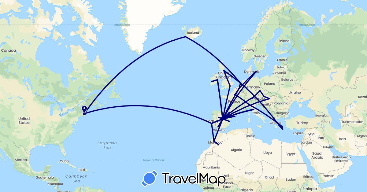 TravelMap itinerary: driving in Austria, Belgium, Czech Republic, Germany, Denmark, Spain, France, United Kingdom, Greece, Hungary, Ireland, Iceland, Italy, Morocco, Netherlands, Portugal, United States (Africa, Europe, North America)